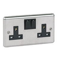 Image for Volex 13A 2G DP Black Insert Brushed Stainless Steel Round Edge.