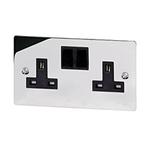 Image for Volex 13A 2G Switched Socket Flat Plate Black Insert Polished Chrome.