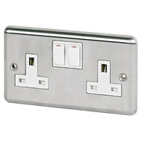 Image for Volex 13A 2G DP White Insert Brushed Stainless Steel Round Edge.