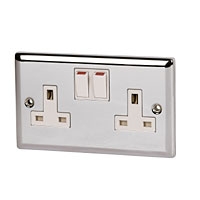 Image for Volex 13A 2G DP White Insert Polished Chrome Angled Edge.